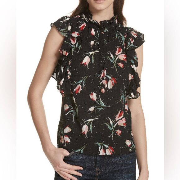 Rebecca Taylor Silk Ikat Tulip Ruffled Sleeveless Top Sz 14